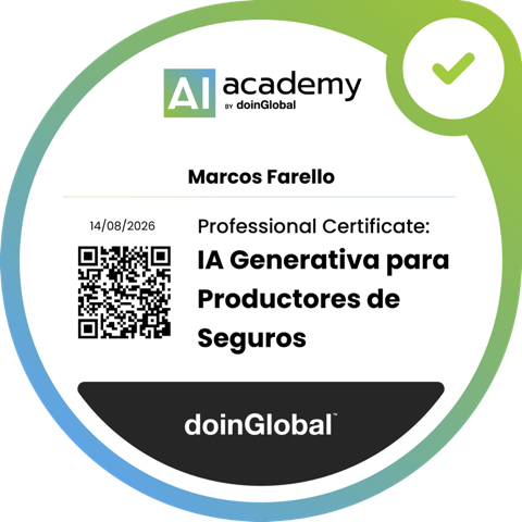 Insignia digital: Professional Certificate en IA Generativa para Productores de Seguros, emitida por AI Academy by doinGlobal a Marcos Farello el 14 de agosto de 2026